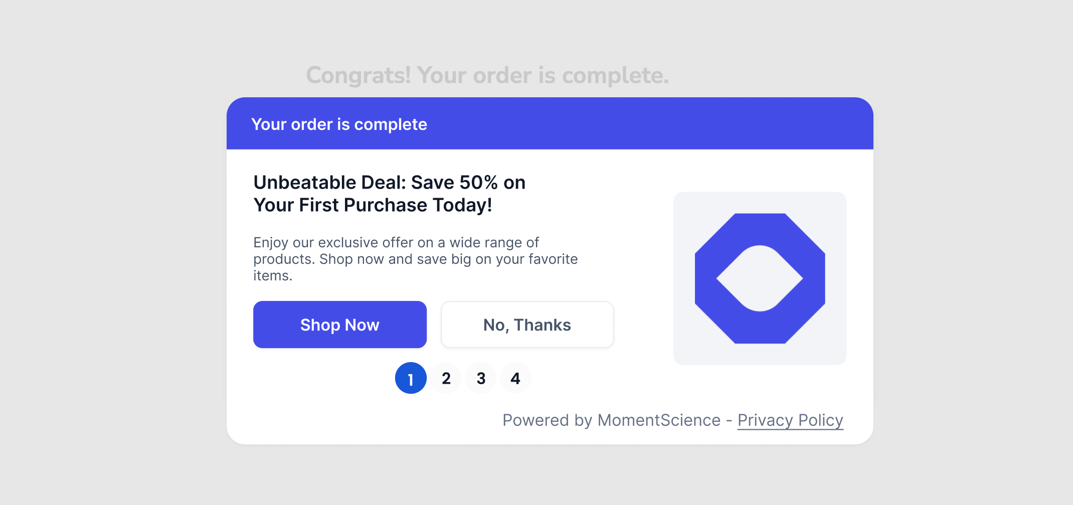 Order complete page with MomentScience placement demonstration